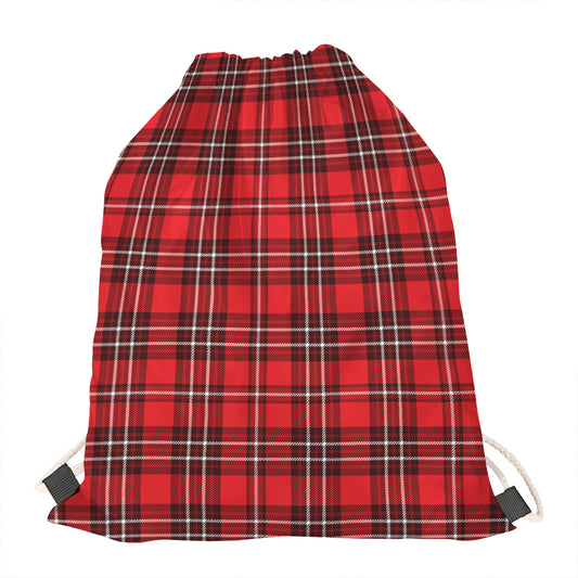 Red And White Tartan Pattern Print Drawstring Bag