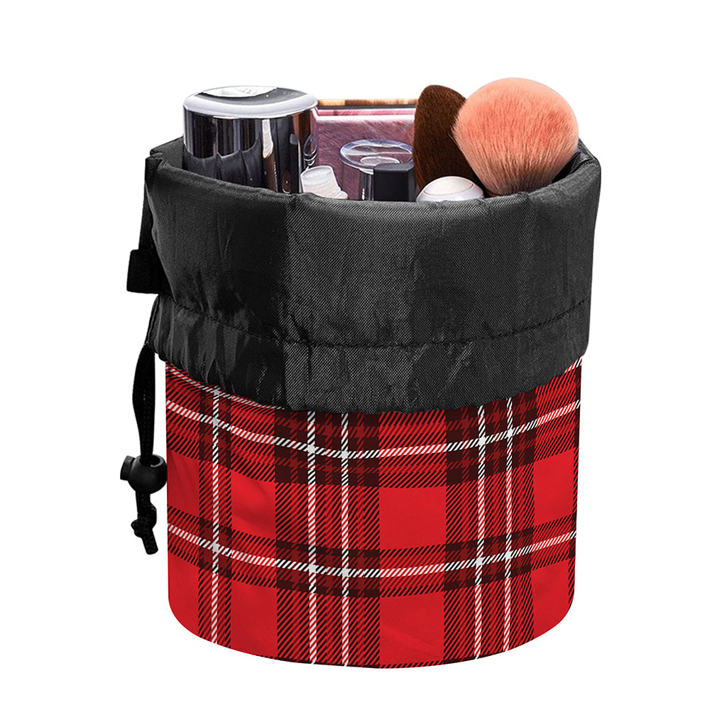 Red And White Tartan Pattern Print Drawstring Makeup Bag