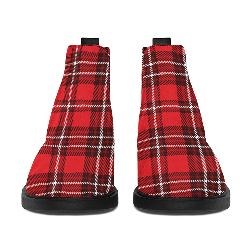 Red And White Tartan Pattern Print Flat Ankle Boots