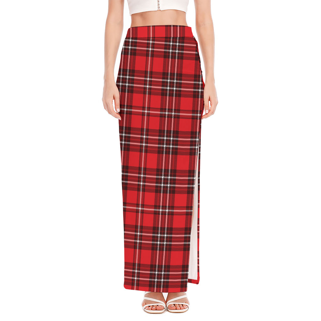 Red And White Tartan Pattern Print High Slit Maxi Skirt