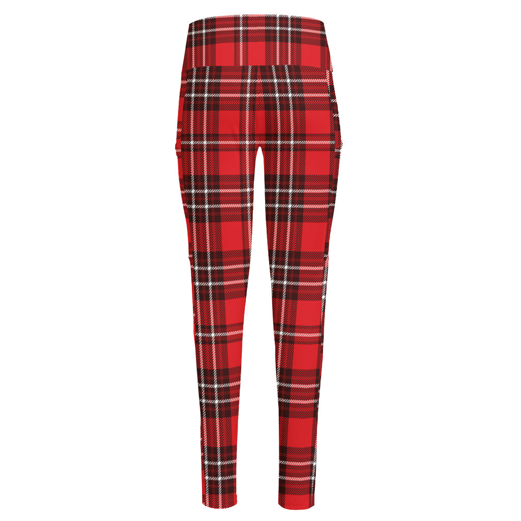 Red And White Tartan Pattern Print High-Waisted Pocket Leggings