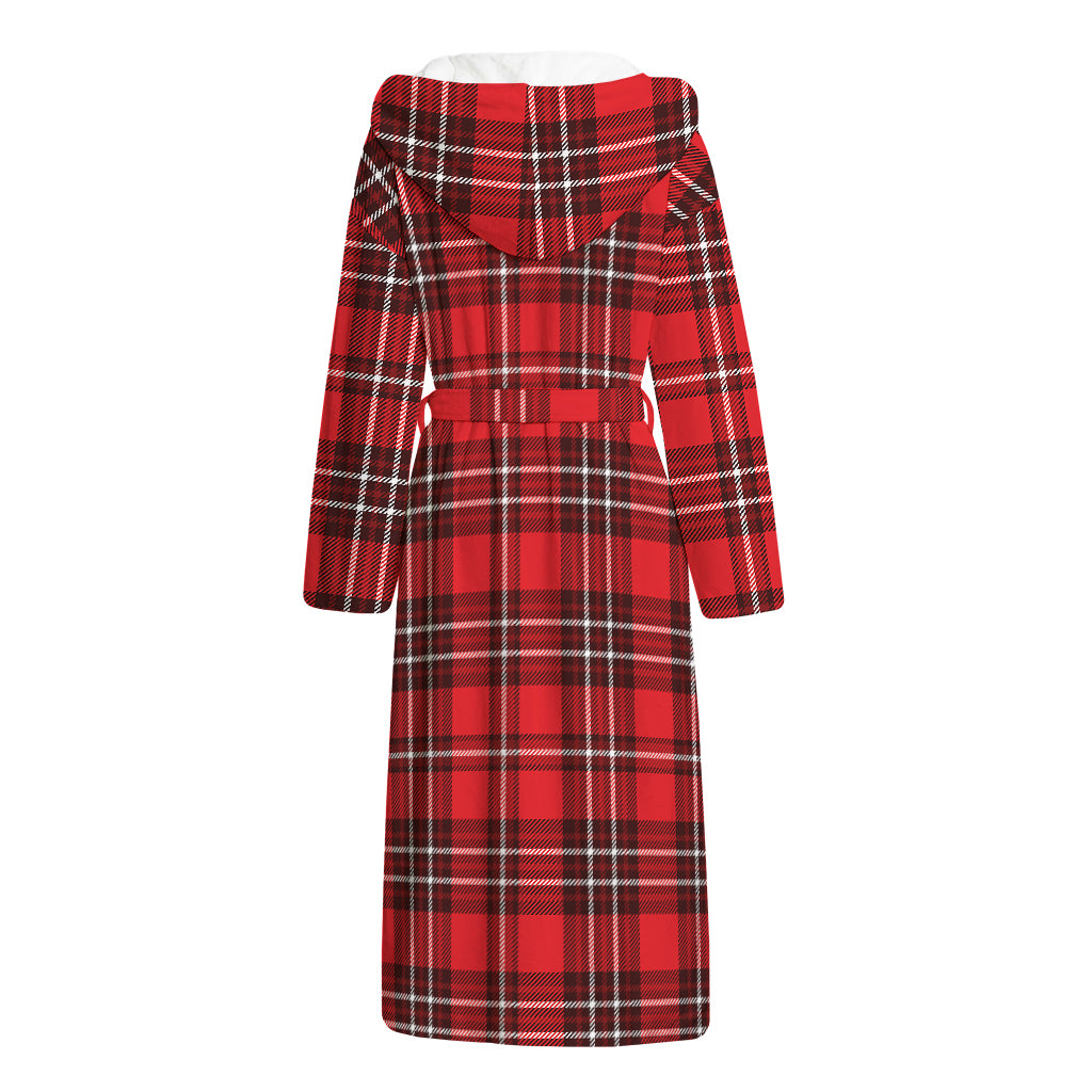 Red And White Tartan Pattern Print Hooded Bathrobe
