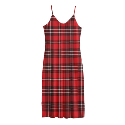 Red And White Tartan Pattern Print Jersey Midi Cami Dress