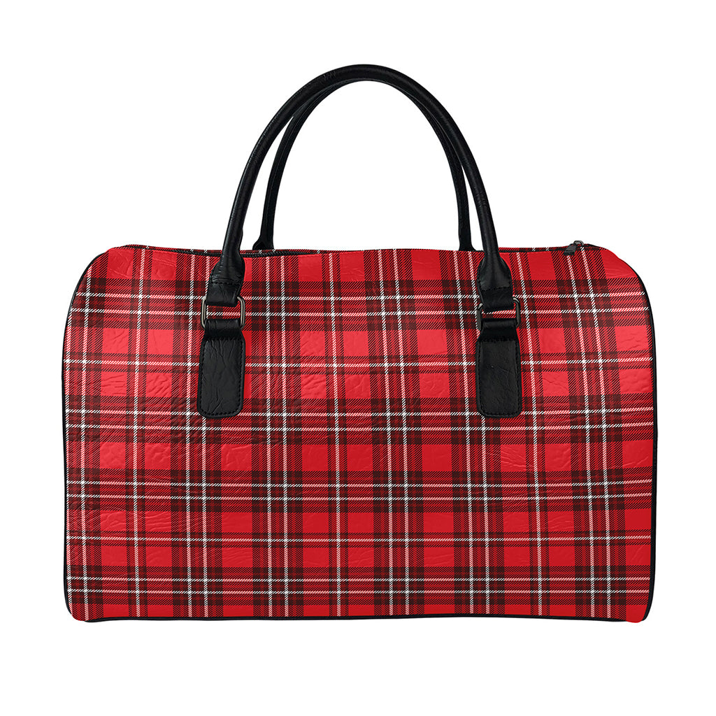 Red And White Tartan Pattern Print Leather Duffle Bag