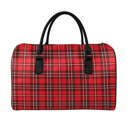 Red And White Tartan Pattern Print Leather Duffle Bag