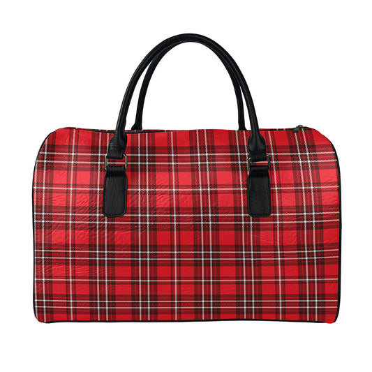 Red And White Tartan Pattern Print Leather Duffle Bag