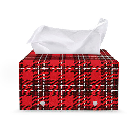 Red And White Tartan Pattern Print Leather Tissue Box Cover