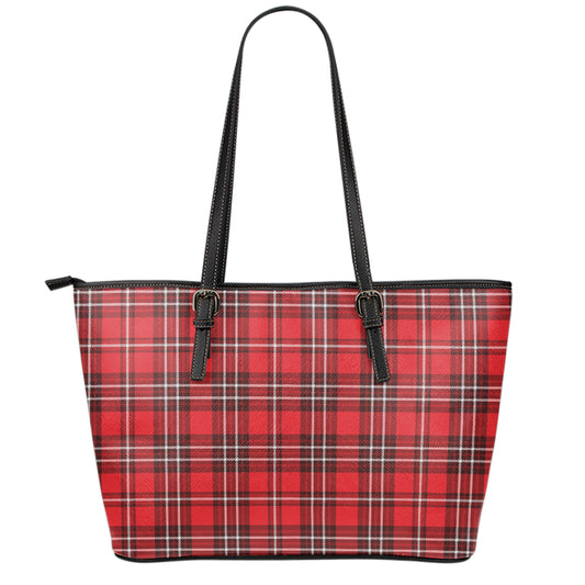 Red And White Tartan Pattern Print Leather Tote Bag