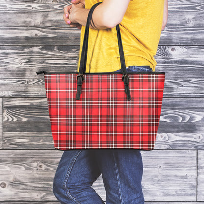Red And White Tartan Pattern Print Leather Tote Bag