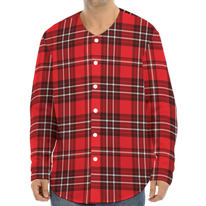Red And White Tartan Pattern Print Long Sleeve Baseball Jersey