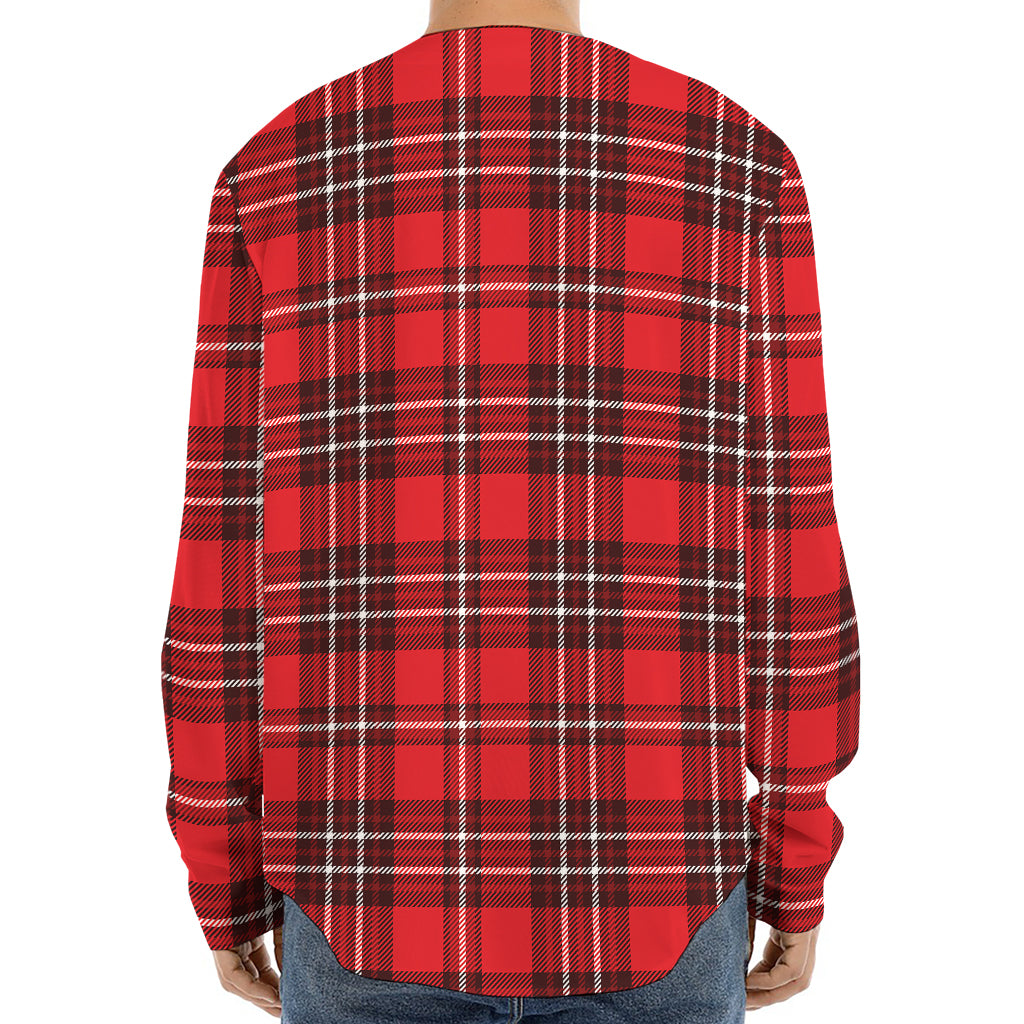 Red And White Tartan Pattern Print Long Sleeve Baseball Jersey