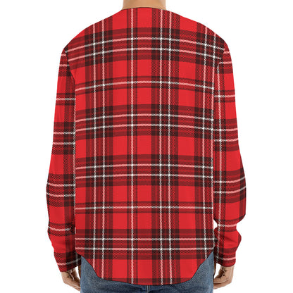 Red And White Tartan Pattern Print Long Sleeve Baseball Jersey