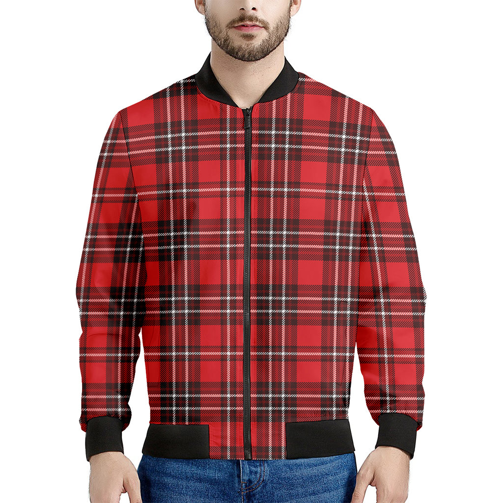 Red And White Tartan Pattern Print Men's Bomber Jacket