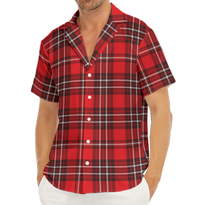 Red And White Tartan Pattern Print Men's Deep V-Neck Shirt