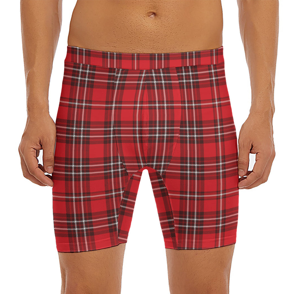 Red And White Tartan Pattern Print Men's Long Boxer Briefs