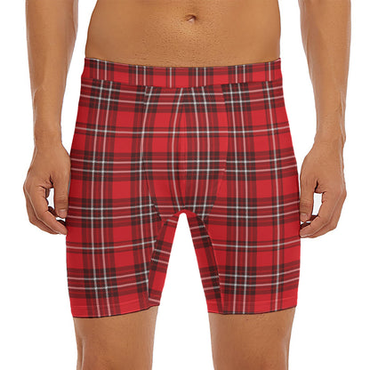 Red And White Tartan Pattern Print Men's Long Boxer Briefs