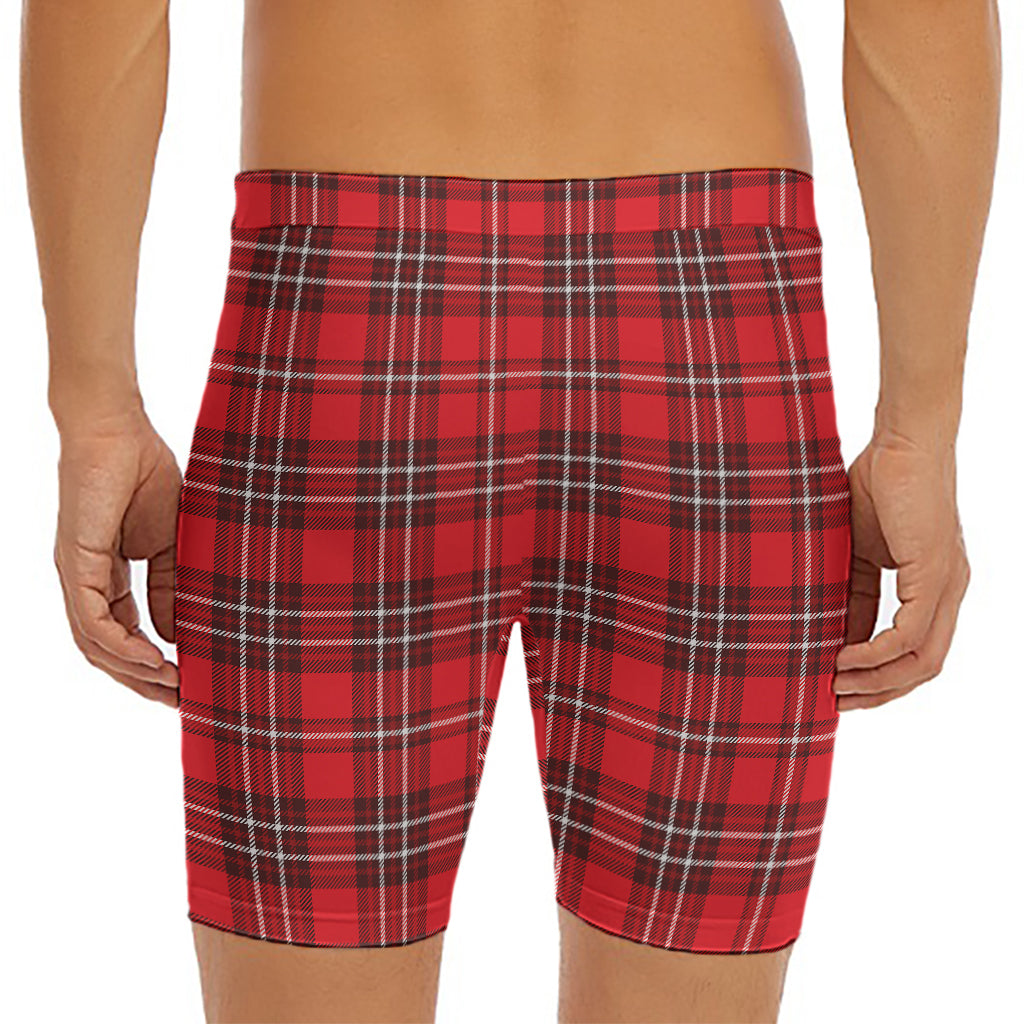 Red And White Tartan Pattern Print Men's Long Boxer Briefs