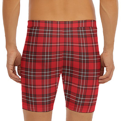 Red And White Tartan Pattern Print Men's Long Boxer Briefs