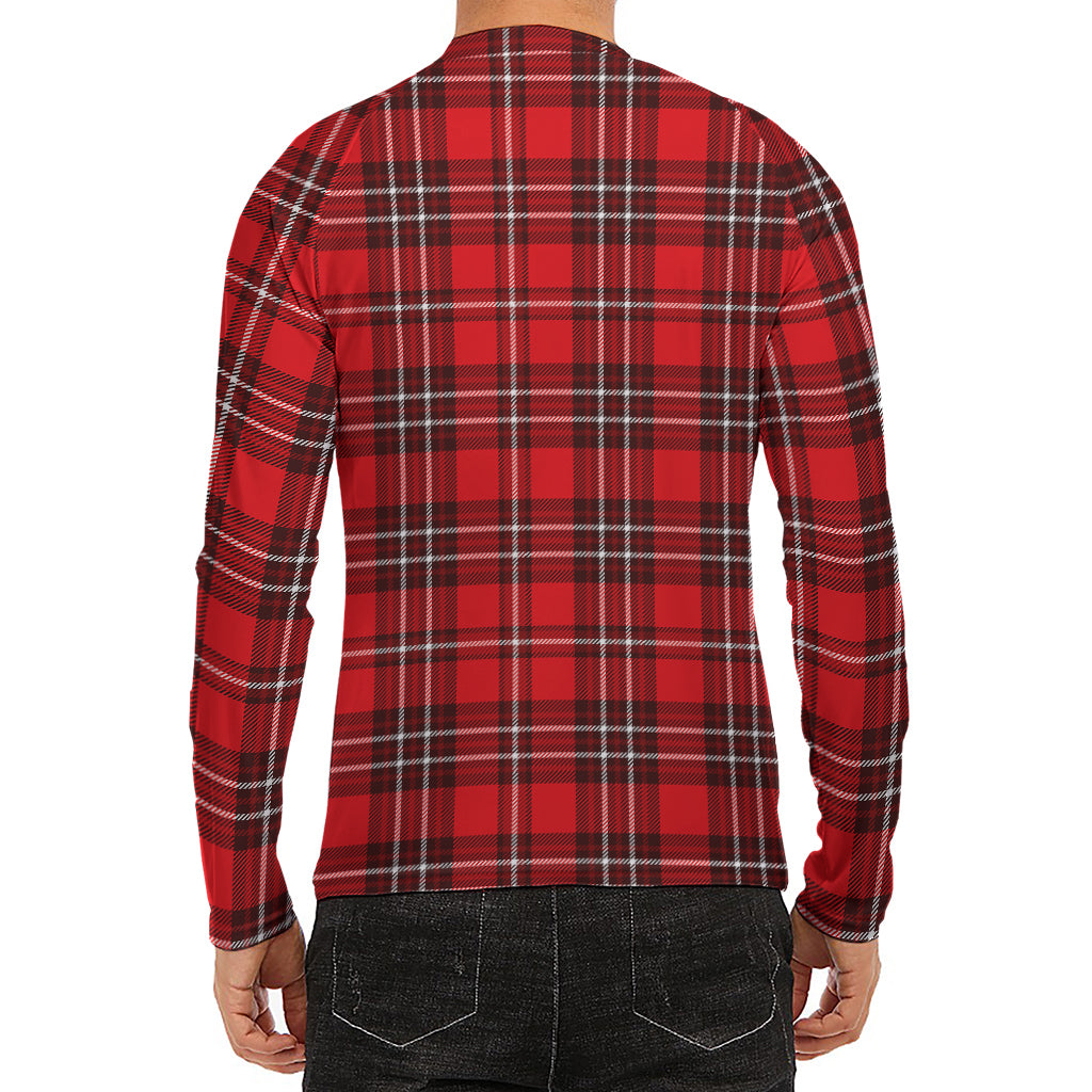 Red And White Tartan Pattern Print Men's Long Sleeve Rash Guard