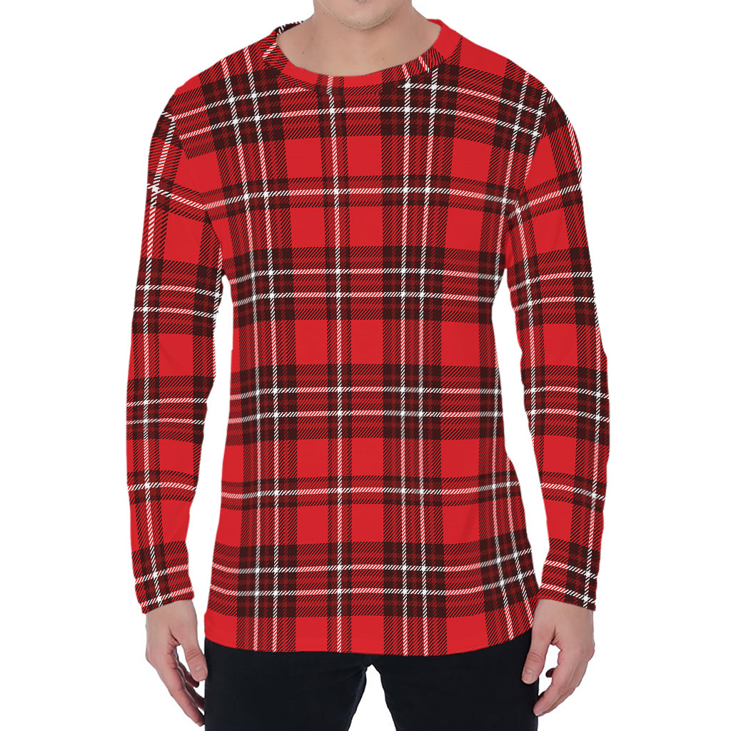 Red And White Tartan Pattern Print Men's Long Sleeve T-Shirt