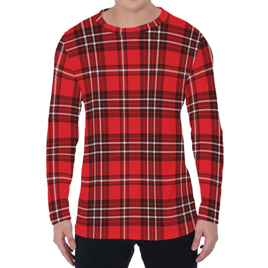 Red And White Tartan Pattern Print Men's Long Sleeve T-Shirt