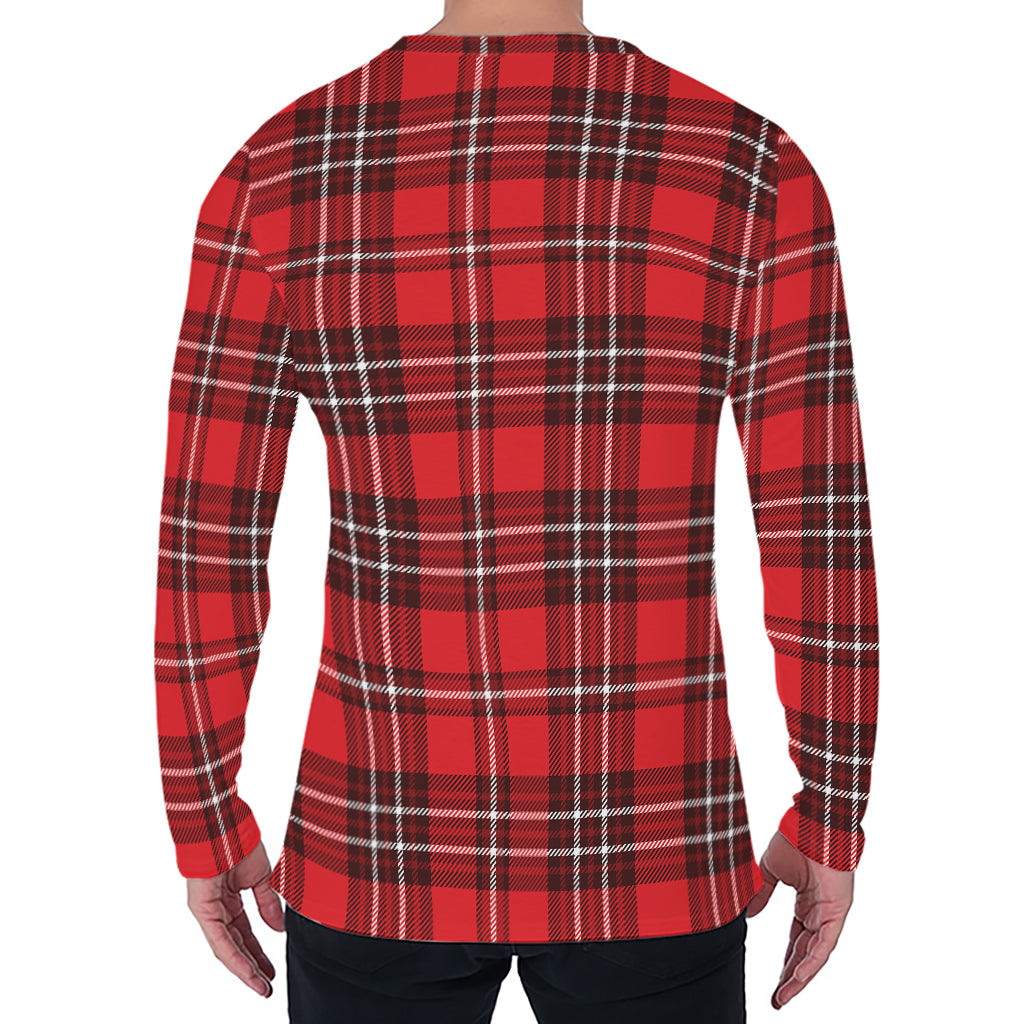 Red And White Tartan Pattern Print Men's Long Sleeve T-Shirt
