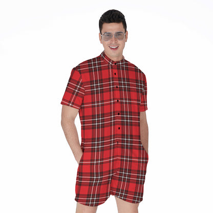 Red And White Tartan Pattern Print Men's Rompers