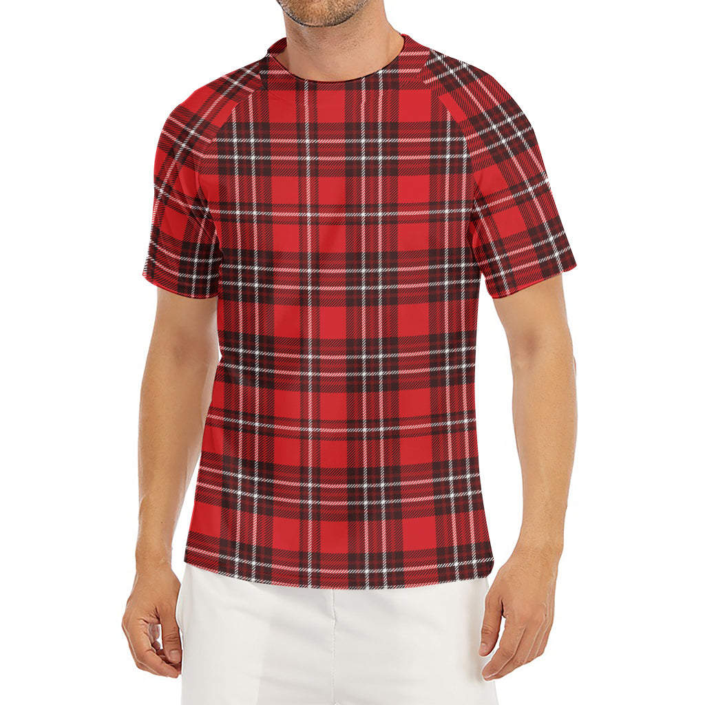 Red And White Tartan Pattern Print Men's Short Sleeve Rash Guard