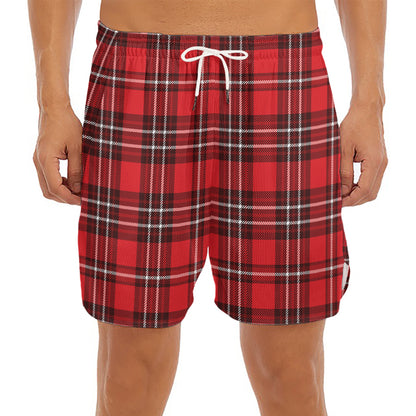 Red And White Tartan Pattern Print Men's Split Running Shorts