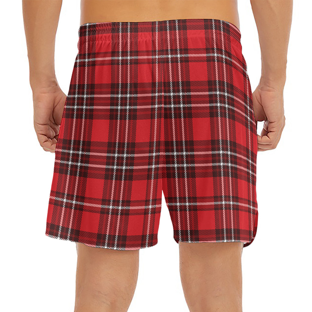 Red And White Tartan Pattern Print Men's Split Running Shorts