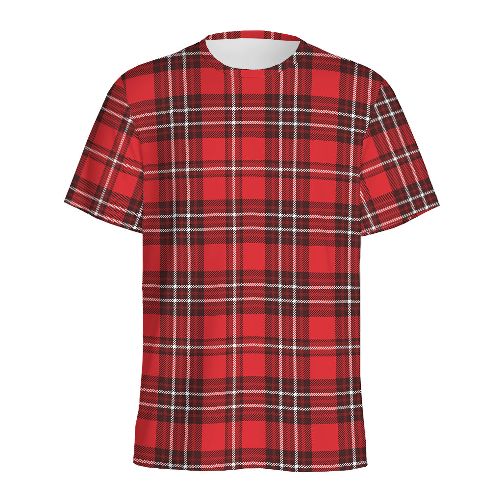 Red And White Tartan Pattern Print Men's Sports T-Shirt