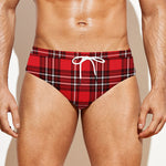 Red And White Tartan Pattern Print Men's Swim Briefs