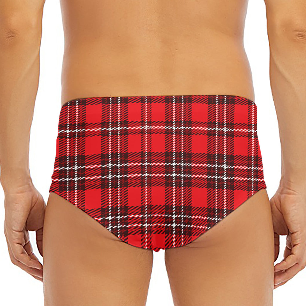 Red And White Tartan Pattern Print Men's Triangle Swim Briefs