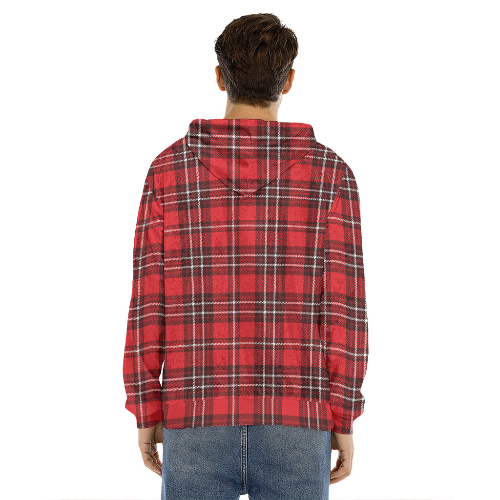 Red And White Tartan Pattern Print Men's Velvet Pullover Hoodie