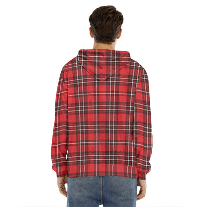 Red And White Tartan Pattern Print Men's Velvet Pullover Hoodie