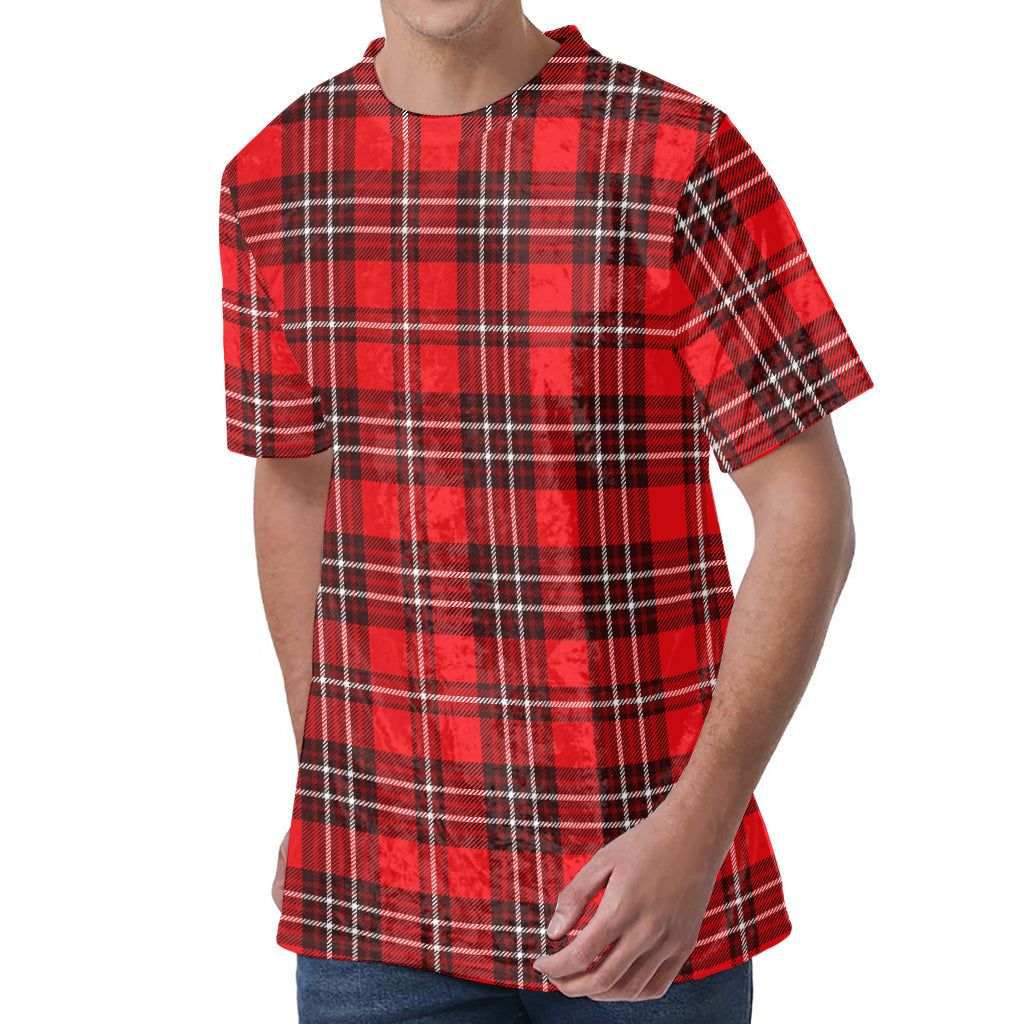 Red And White Tartan Pattern Print Men's Velvet T-Shirt