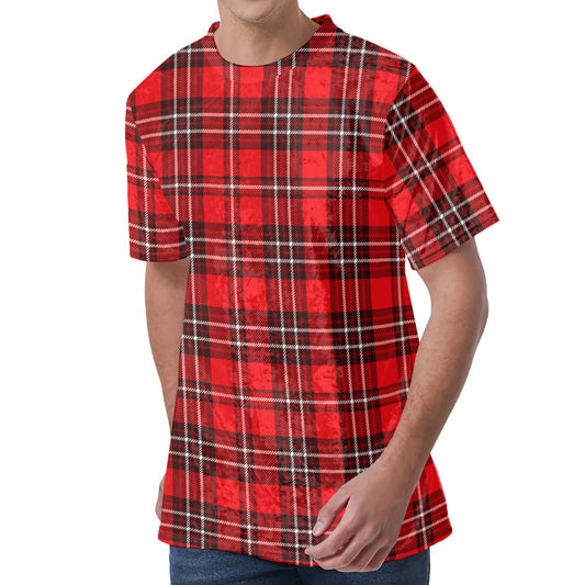 Red And White Tartan Pattern Print Men's Velvet T-Shirt