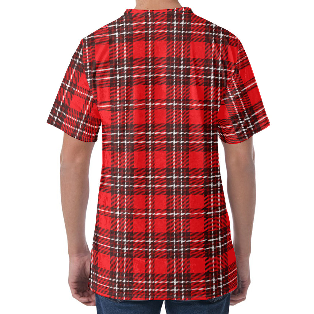 Red And White Tartan Pattern Print Men's Velvet T-Shirt