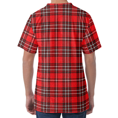 Red And White Tartan Pattern Print Men's Velvet T-Shirt