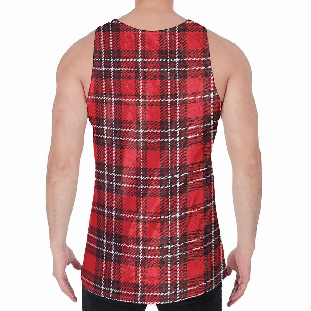 Red And White Tartan Pattern Print Men's Velvet Tank Top