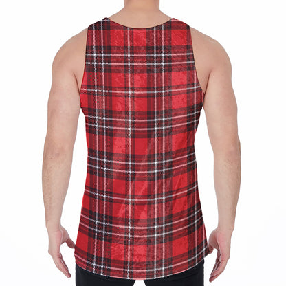 Red And White Tartan Pattern Print Men's Velvet Tank Top