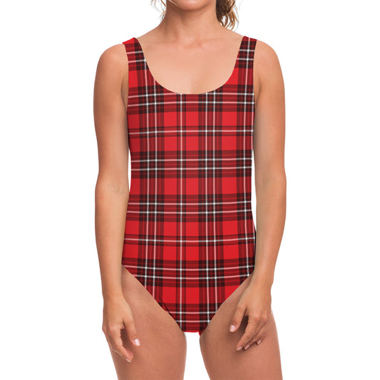 Red And White Tartan Pattern Print One Piece Swimsuit