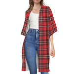 Red And White Tartan Pattern Print Open Front Beach Cover Up