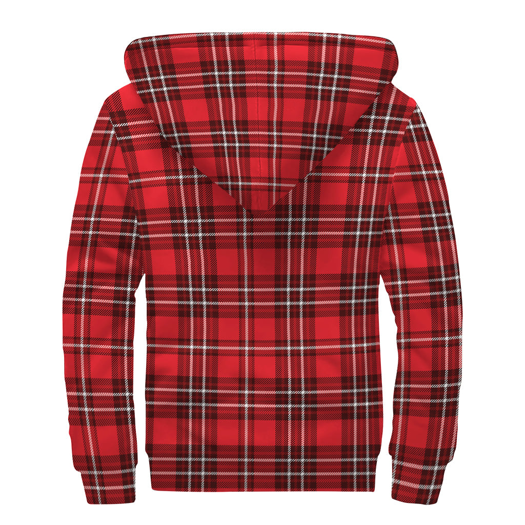 Red And White Tartan Pattern Print Sherpa Lined Zip Up Hoodie