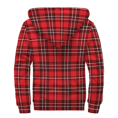 Red And White Tartan Pattern Print Sherpa Lined Zip Up Hoodie