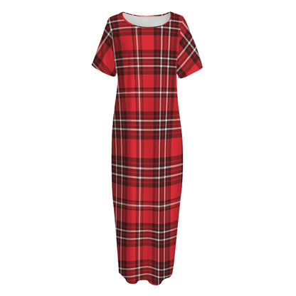 Red And White Tartan Pattern Print Short Sleeve Long Nightdress