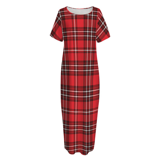 Red And White Tartan Pattern Print Short Sleeve Long Nightdress