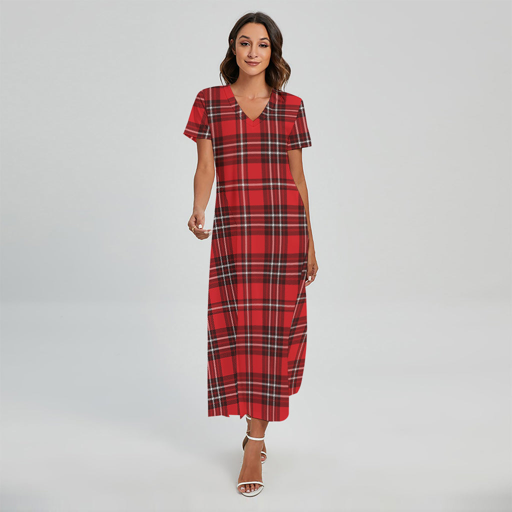 Red And White Tartan Pattern Print Short Sleeve Maxi Dress