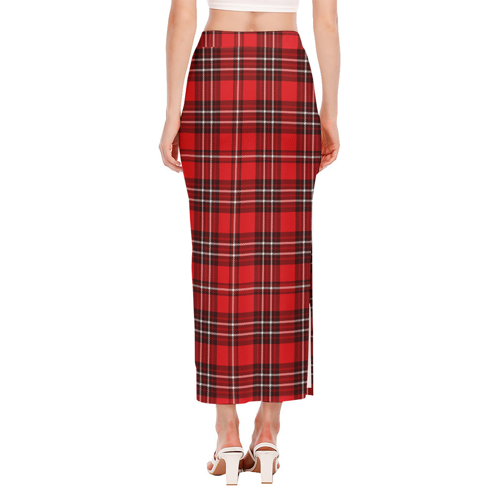 Red And White Tartan Pattern Print Side Slit Maxi Skirt