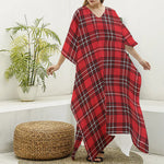 Red And White Tartan Pattern Print Silk V-Neck Kaftan Dress